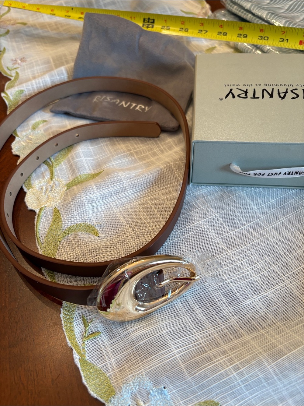 Brown Leather Belt with gold oval Buckle - women measures 43 inches brand new